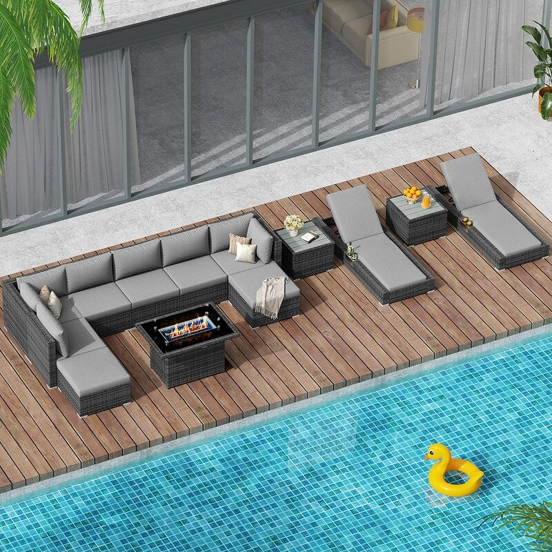 FINCATI 13 Pcs Patio Outdoor Wicker Furniture Sectional Sofa Set with Lounge Chair