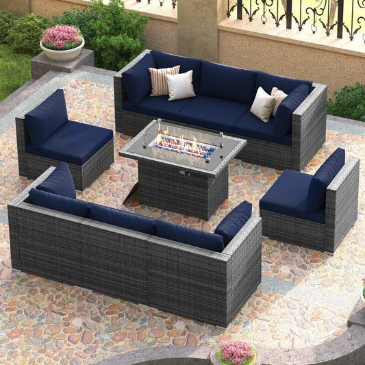 FINCATI 9-piece Extra Large High Back Outdoor Patio Furniture Sectional Conversation Sofa Set with Fire Pit Table