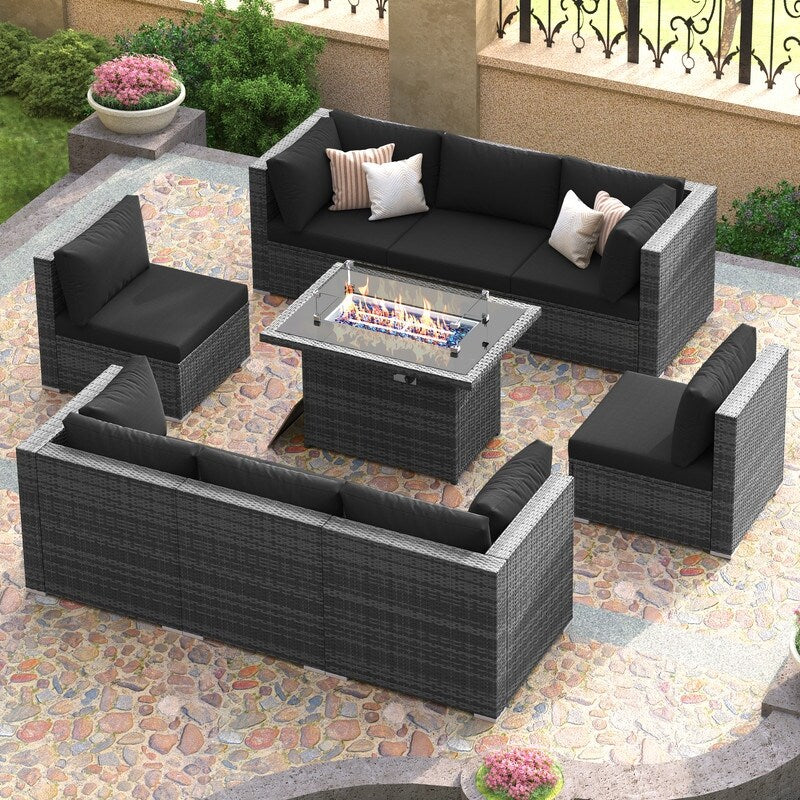 FINCATI 9-piece Extra Large High Back Outdoor Patio Furniture Sectional Conversation Sofa Set with Fire Pit Table