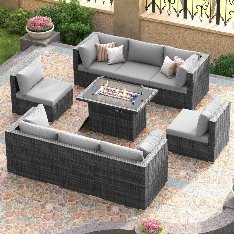 FINCATI 9-piece Extra Large High Back Outdoor Patio Furniture Sectional Conversation Sofa Set with Fire Pit Table