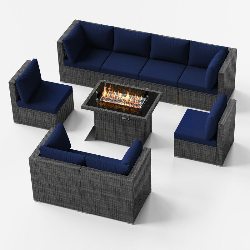 FINCATI 9-piece Extra Large High Back Outdoor Patio Furniture Sectional Conversation Sofa Set with Fire Pit Table