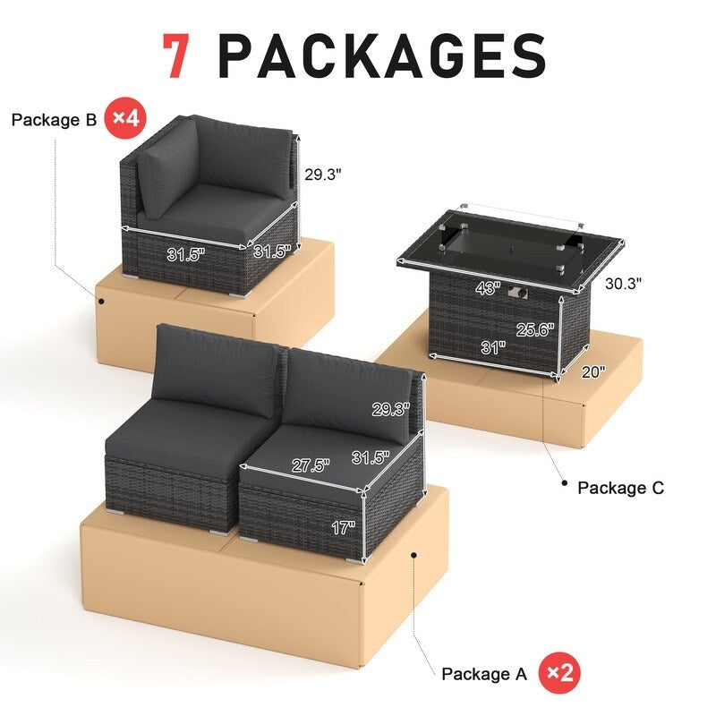 FINCATI 9-piece Extra Large High Back Outdoor Patio Furniture Sectional Conversation Sofa Set with Fire Pit Table