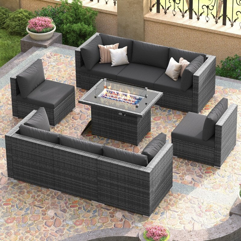 FINCATI 9-piece Extra Large High Back Outdoor Patio Furniture Sectional Conversation Sofa Set with Fire Pit Table