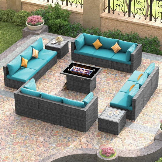 FINCATI Outdoor Grey Wicker Sectional Furniture Patio Sofa Set with Firepit Table