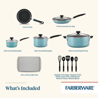 Farberware Easy Clean Aluminum Nonstick Cookware Pots and Pans Set, 15-Piece, Aqua