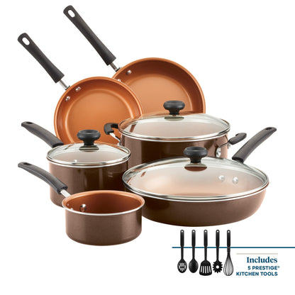 Farberware Easy Clean Pro Ceramic Nonstick Cookware Pots and Pans Set, 14-Piece, Brown