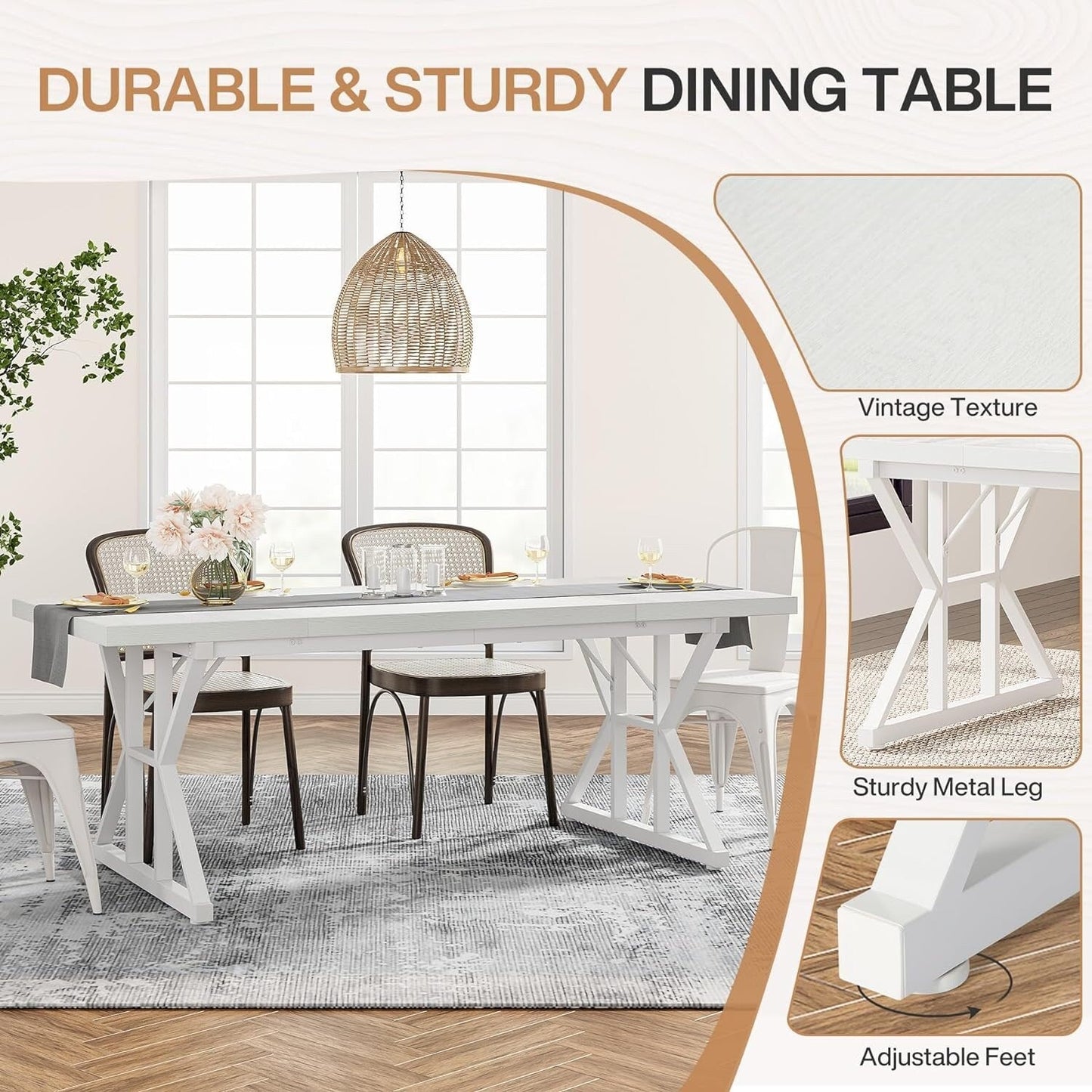 Farmhouse Dining Table for 6 People, 70.8-Inch Rectangular Wood Kitchen Table