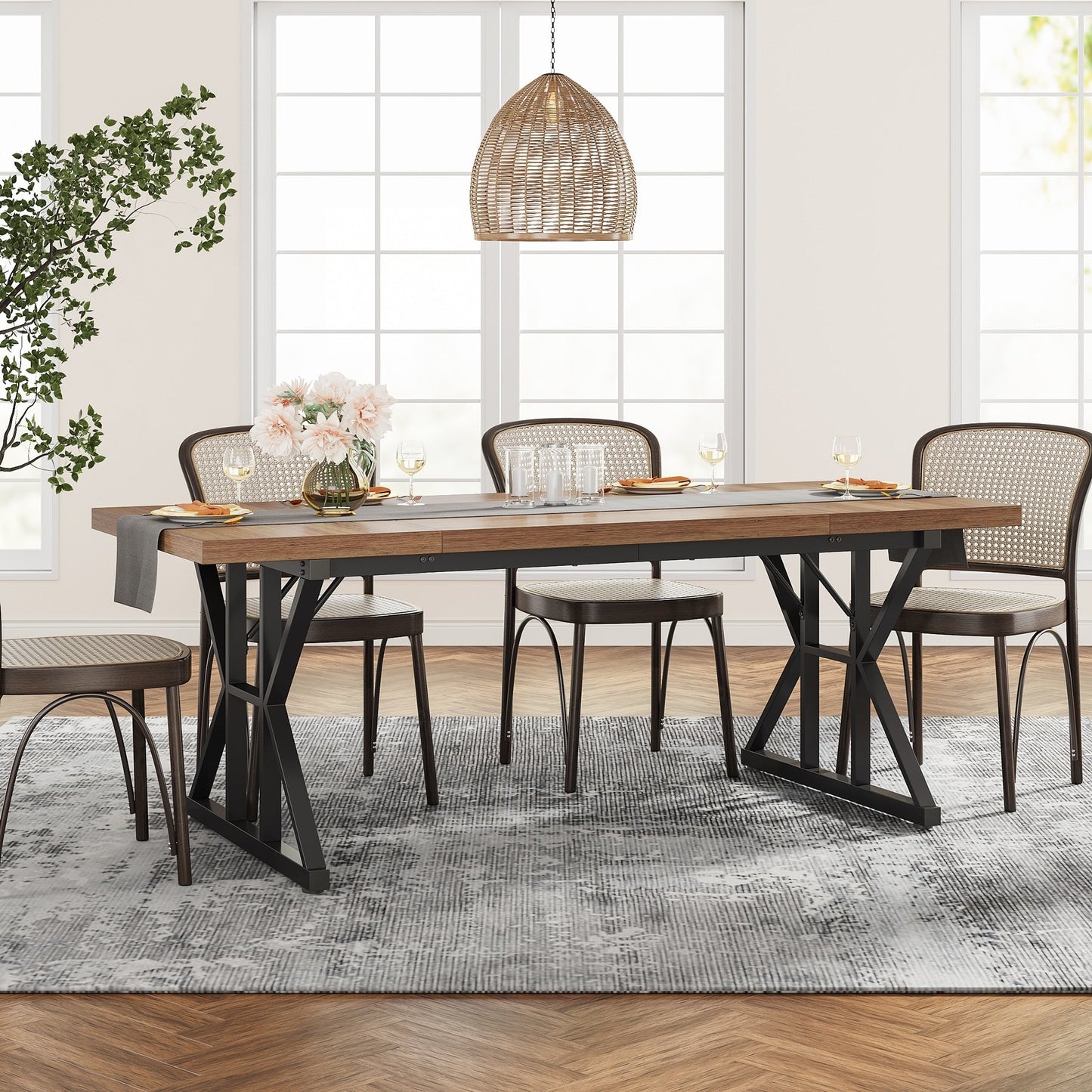 Farmhouse Dining Table for 6 People, 70.8-Inch Rectangular Wood Kitchen Table