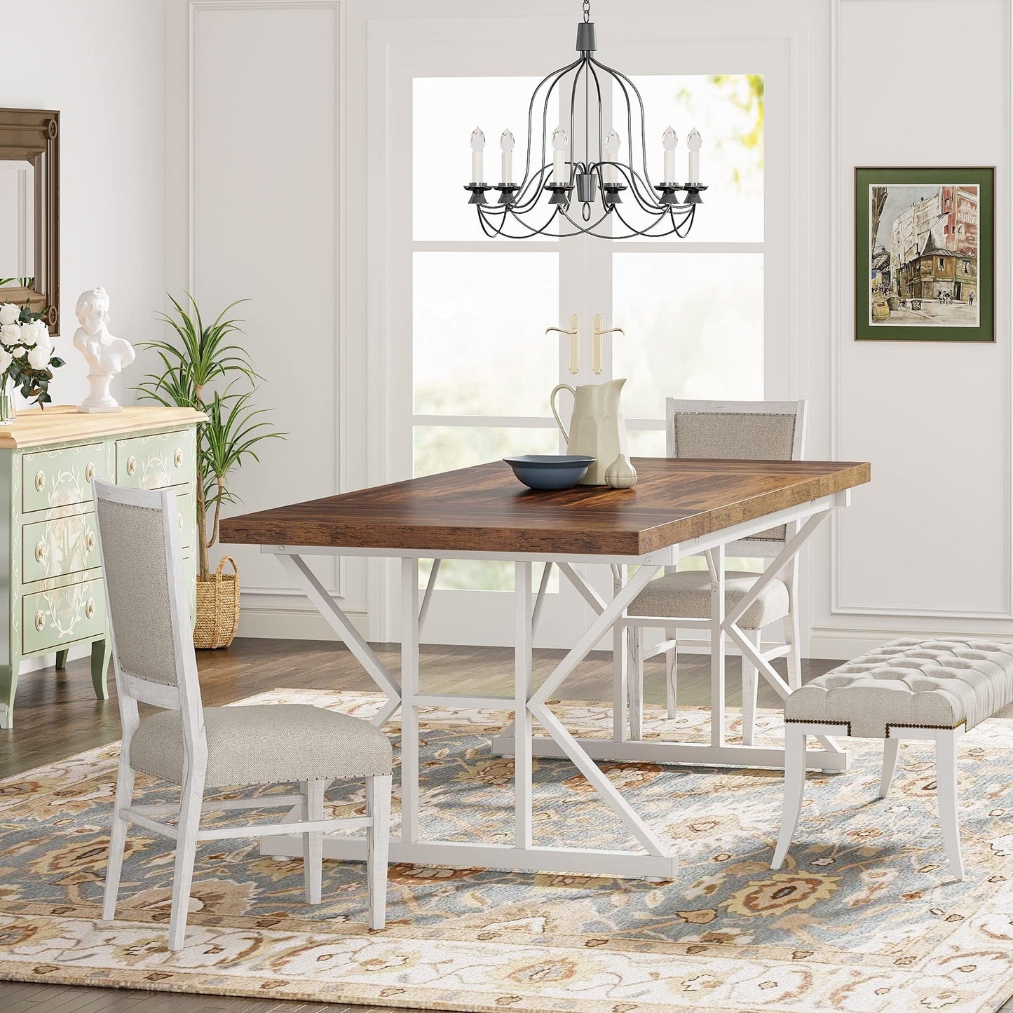 Farmhouse Dining Table for 6 People, 70.8-Inch Rectangular Wood Kitchen Table