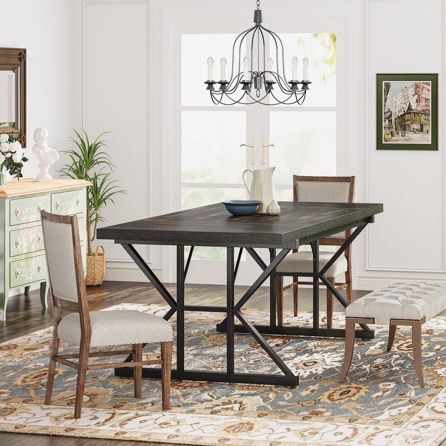 Farmhouse Dining Table for 6 People, 70.8-Inch Rectangular Wood Kitchen Table