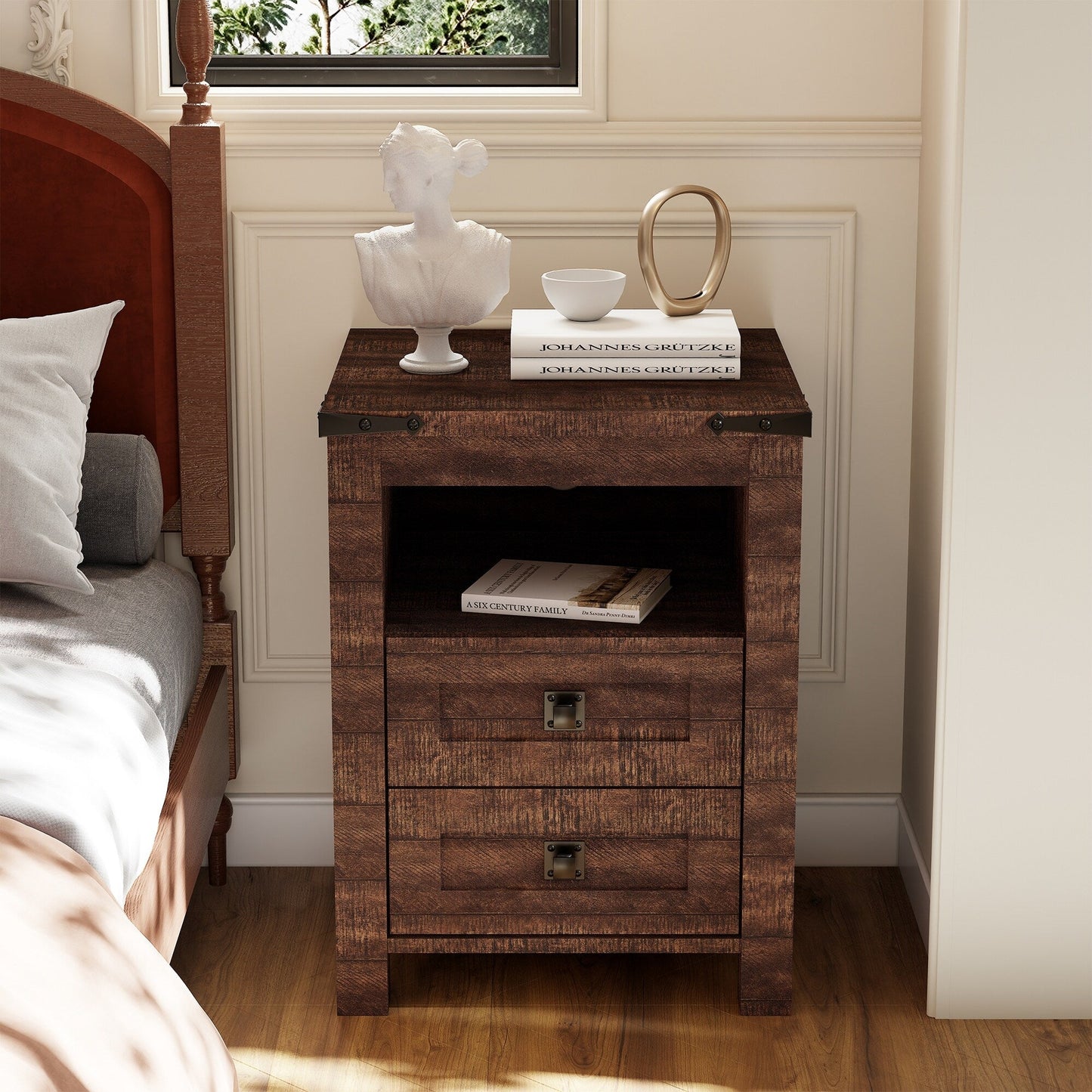 Farmhouse Nightstand with Charging Station, End Table, Side Table