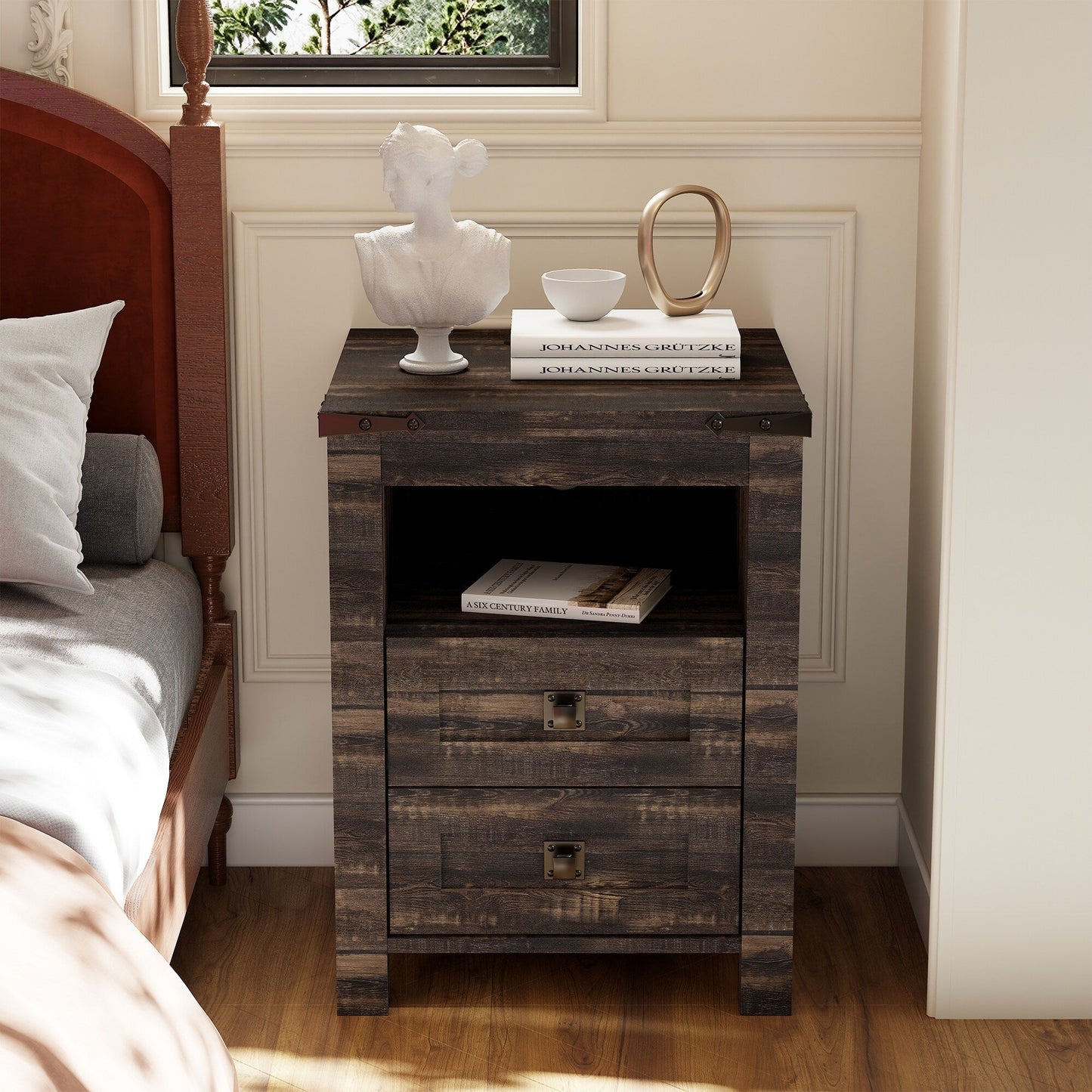 Farmhouse Nightstand with Charging Station, End Table, Side Table