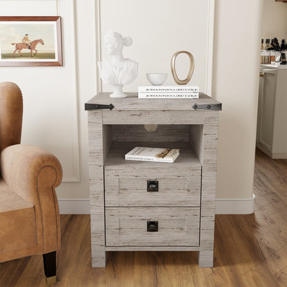 Farmhouse Nightstand with Charging Station, End Table, Side Table
