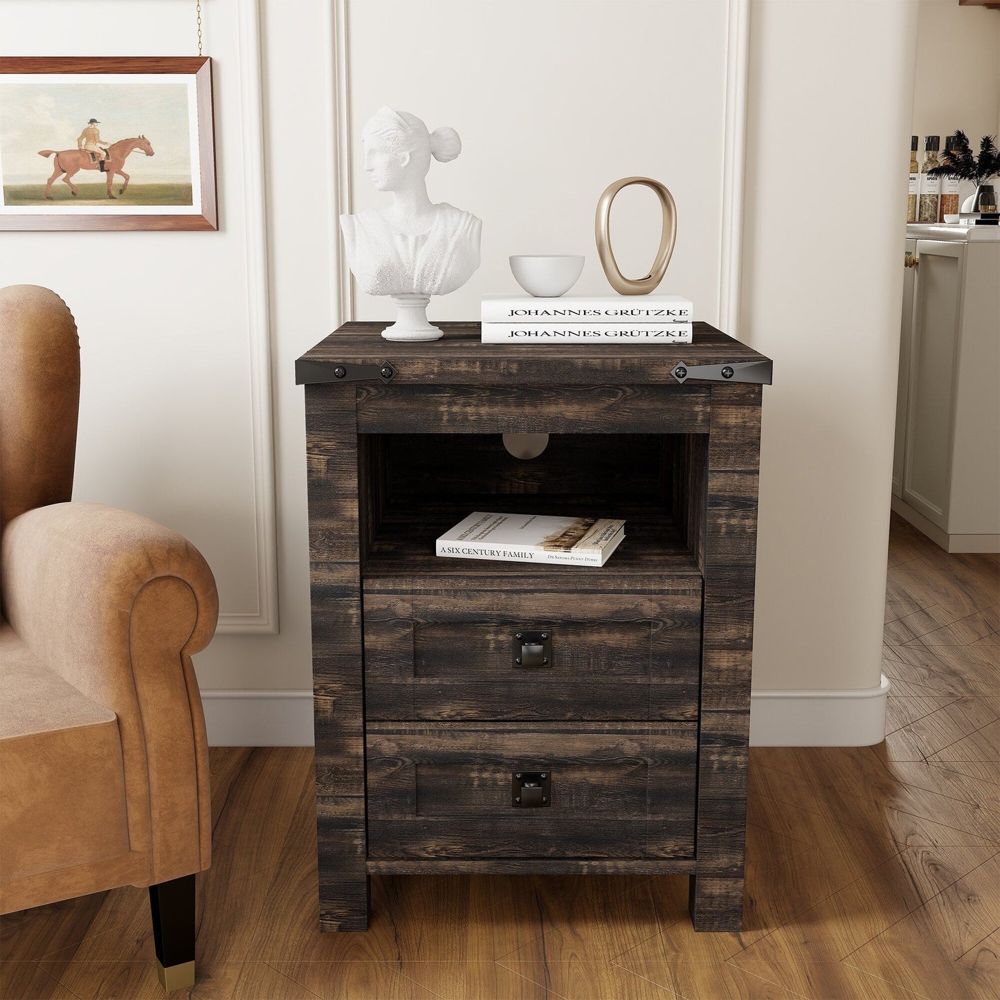 Farmhouse Nightstand with Charging Station, End Table, Side Table