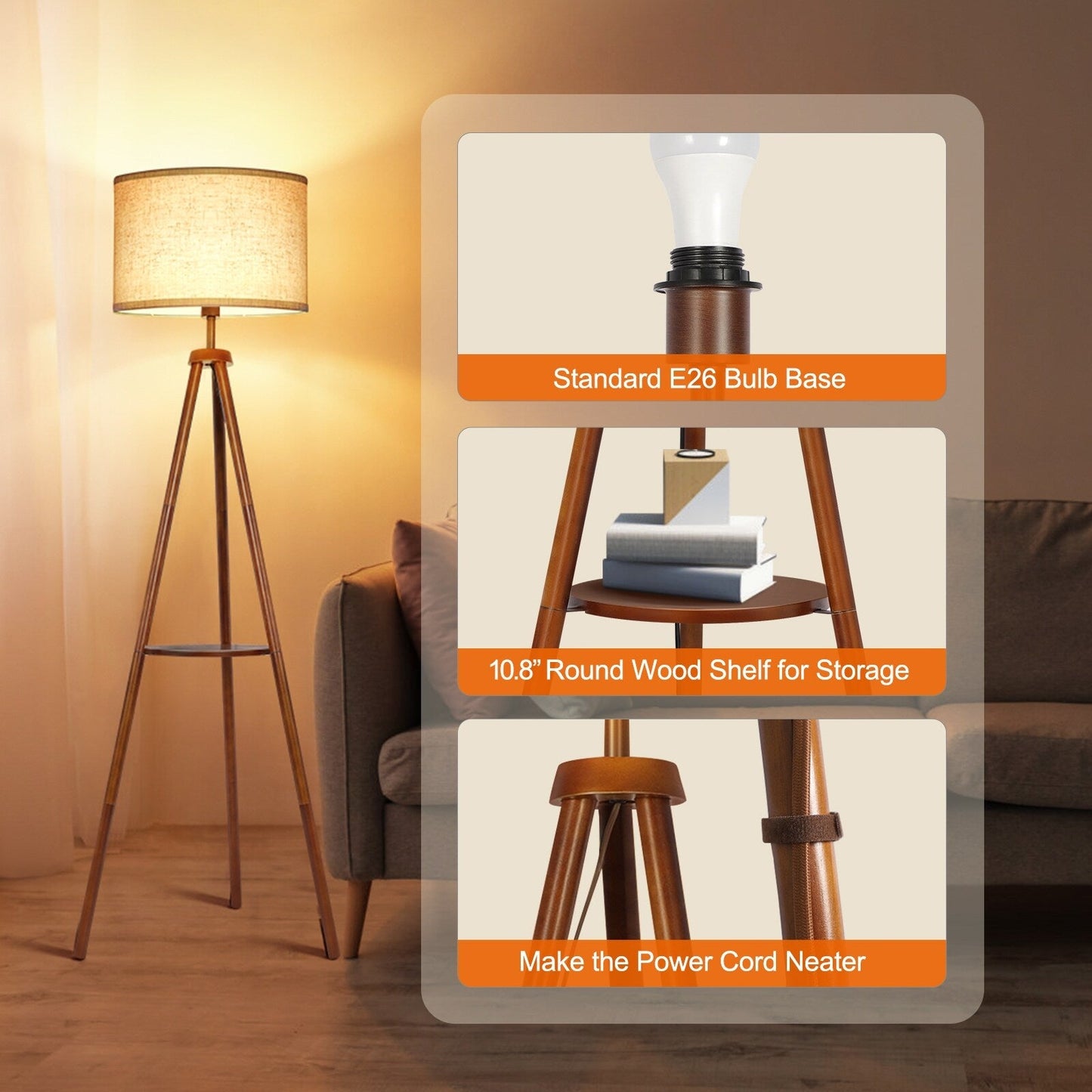 63 in. Walnut Tripod Floor Lamp with Solid Wood Legs and Tray