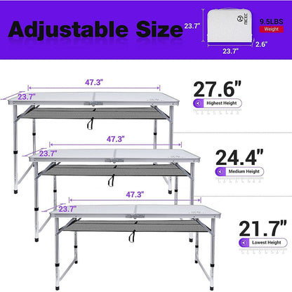 Folding Card Table Adjustable Height, Portable Camping Table Lightweight Aluminum, with Carry Handle for Outdoor, Beach