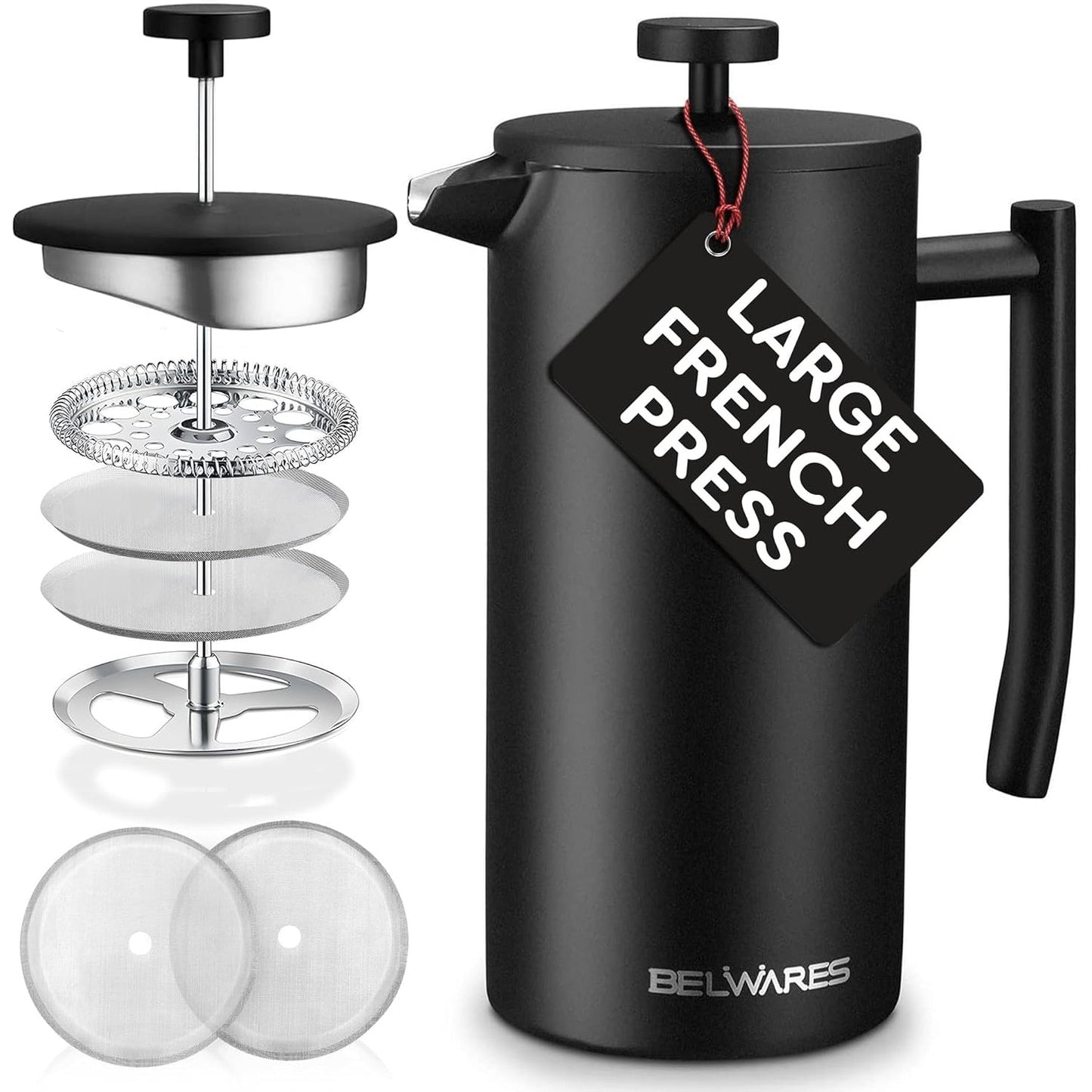 French Press Coffee Maker – Insulated Coffee Press Stainless Steel 304 – Coffee Spoon, Double Wall, & 4 Level Filtration System