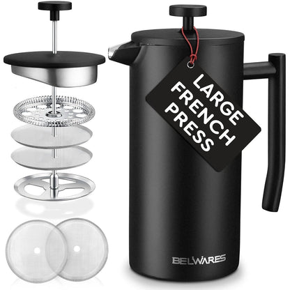 French Press Coffee Maker – Insulated Coffee Press Stainless Steel 304 – Coffee Spoon, Double Wall, & 4 Level Filtration System