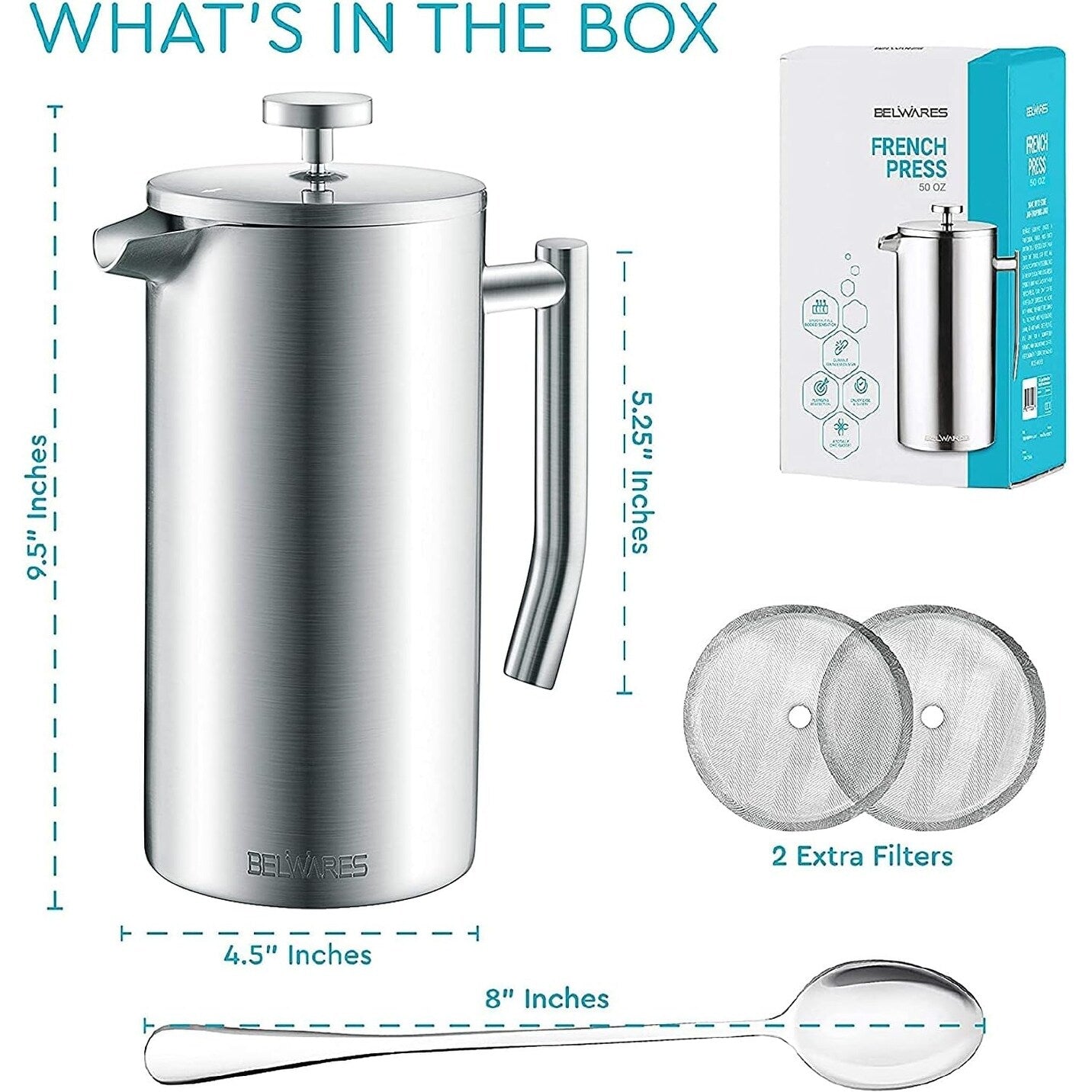 French Press Coffee Maker – Insulated Coffee Press Stainless Steel 304 – Coffee Spoon, Double Wall, & 4 Level Filtration System