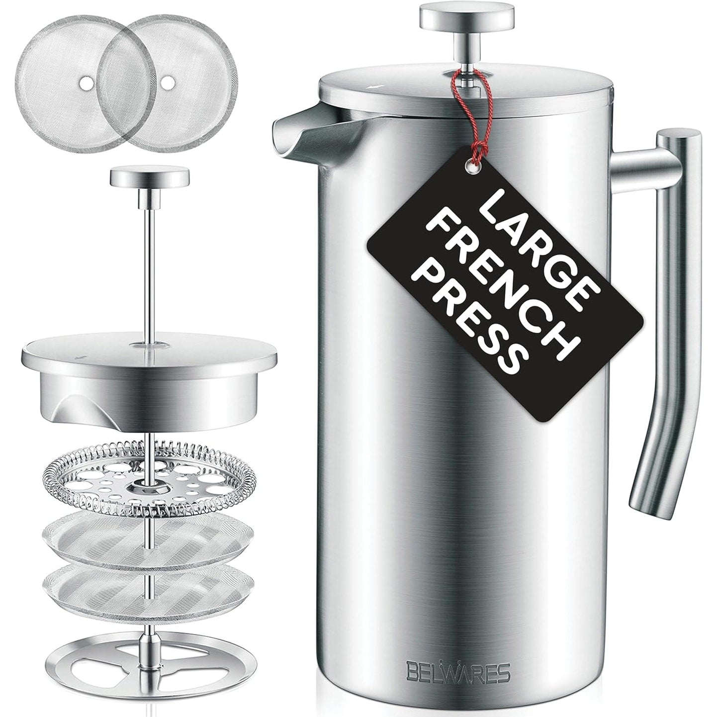 French Press Coffee Maker – Insulated Coffee Press Stainless Steel 304 – Coffee Spoon, Double Wall, & 4 Level Filtration System