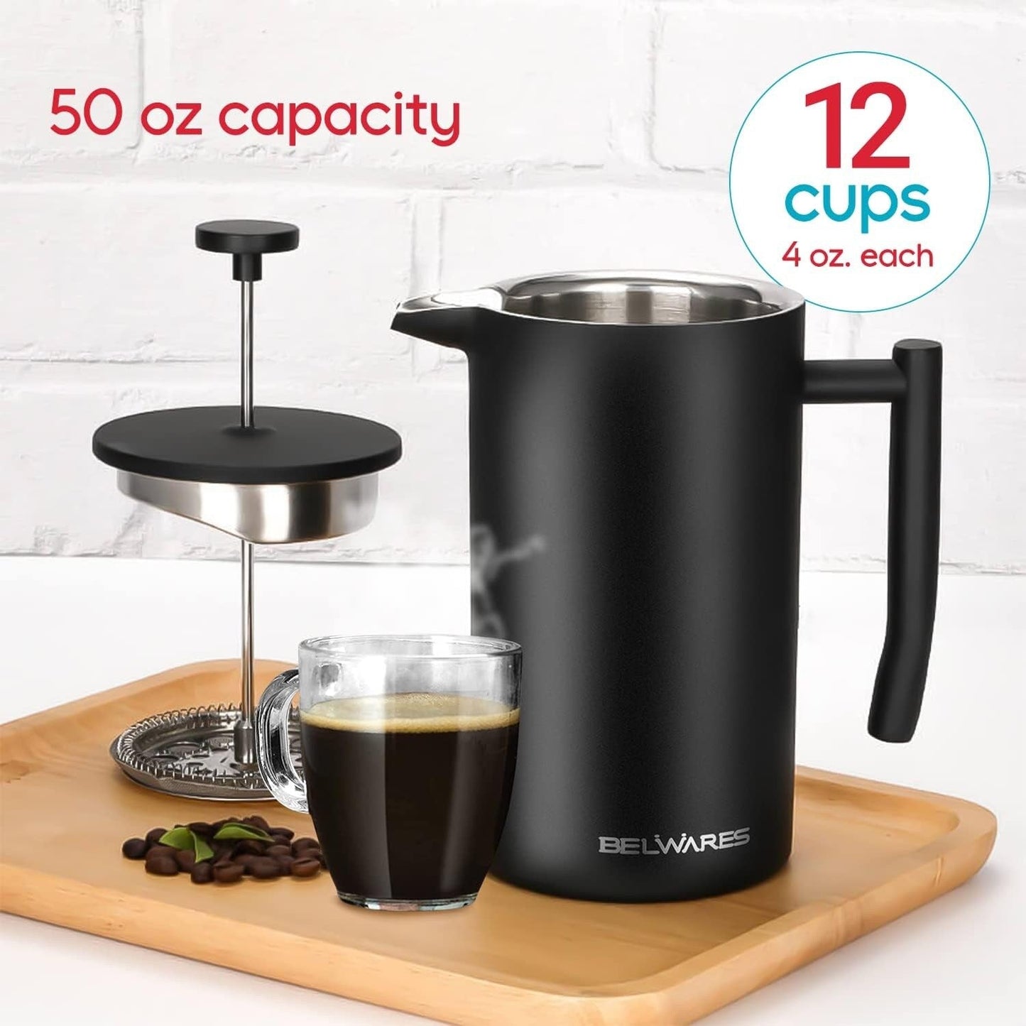 French Press Coffee Maker – Insulated Coffee Press Stainless Steel 304 – Coffee Spoon, Double Wall, & 4 Level Filtration System