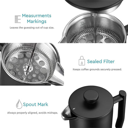 French Press Coffee Maker – Insulated Coffee Press Stainless Steel 304 – Coffee Spoon, Double Wall, & 4 Level Filtration System