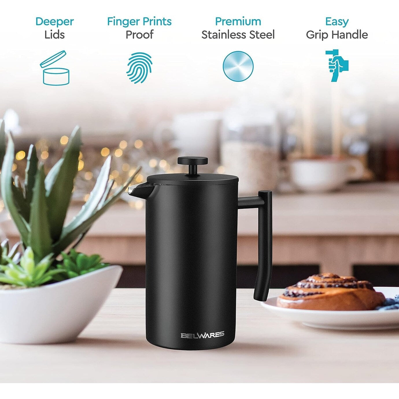 French Press Coffee Maker – Insulated Coffee Press Stainless Steel 304 – Coffee Spoon, Double Wall, & 4 Level Filtration System
