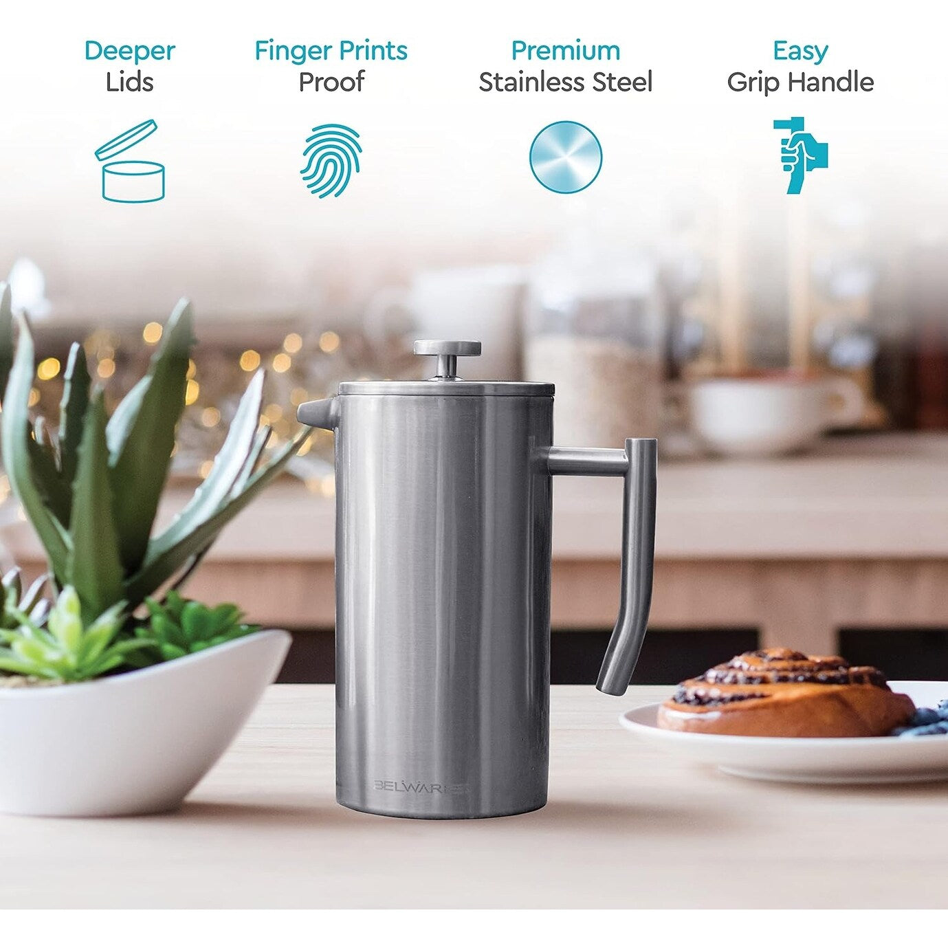 French Press Coffee Maker – Insulated Coffee Press Stainless Steel 304 – Coffee Spoon, Double Wall, & 4 Level Filtration System