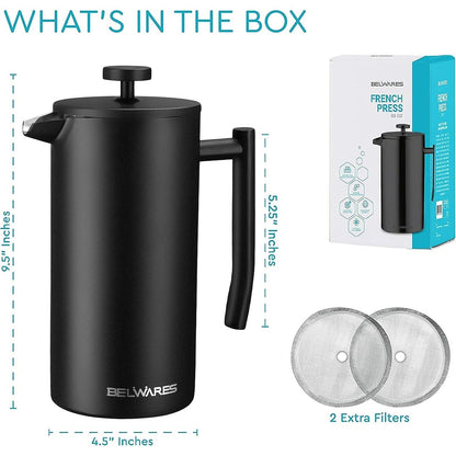 French Press Coffee Maker – Insulated Coffee Press Stainless Steel 304 – Coffee Spoon, Double Wall, & 4 Level Filtration System