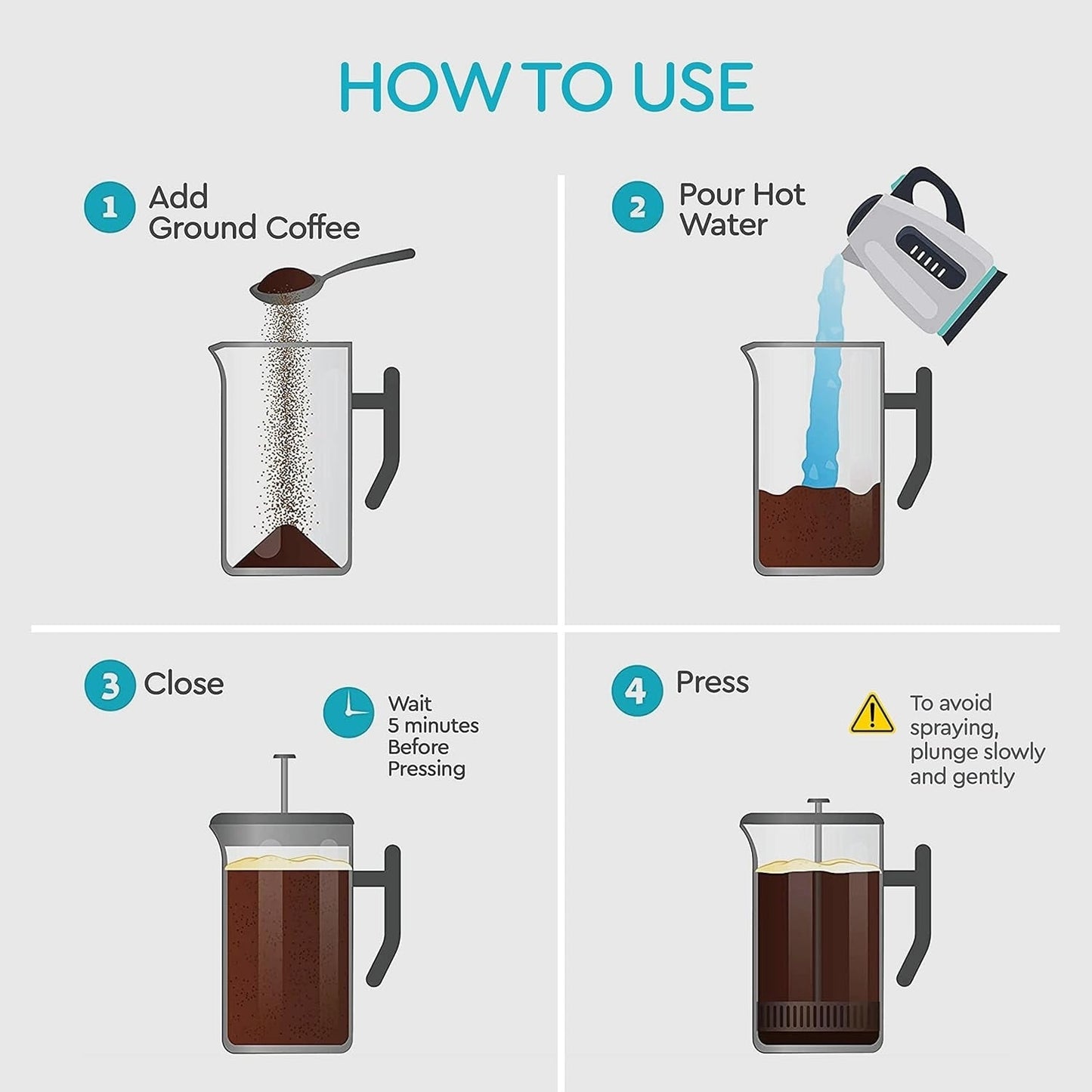 French Press Coffee Maker – Insulated Coffee Press Stainless Steel 304 – Coffee Spoon, Double Wall, & 4 Level Filtration System
