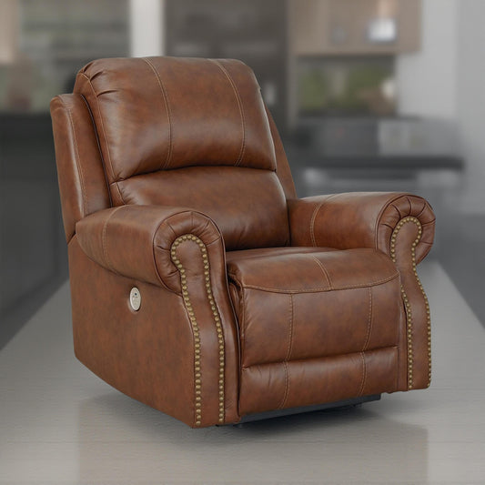 Freye Power Recliner Chair, USB, Plush Cushioned Light Brown Leather