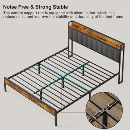 Twin / Full / Queen / King Size Metal Platform Bed Frame with Upholstered Storage Headboard