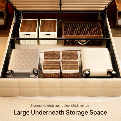 Lift Up Storage Bed Frame, Upholstered Platform Bed Frame with Hydraulic Storage System and Headboard