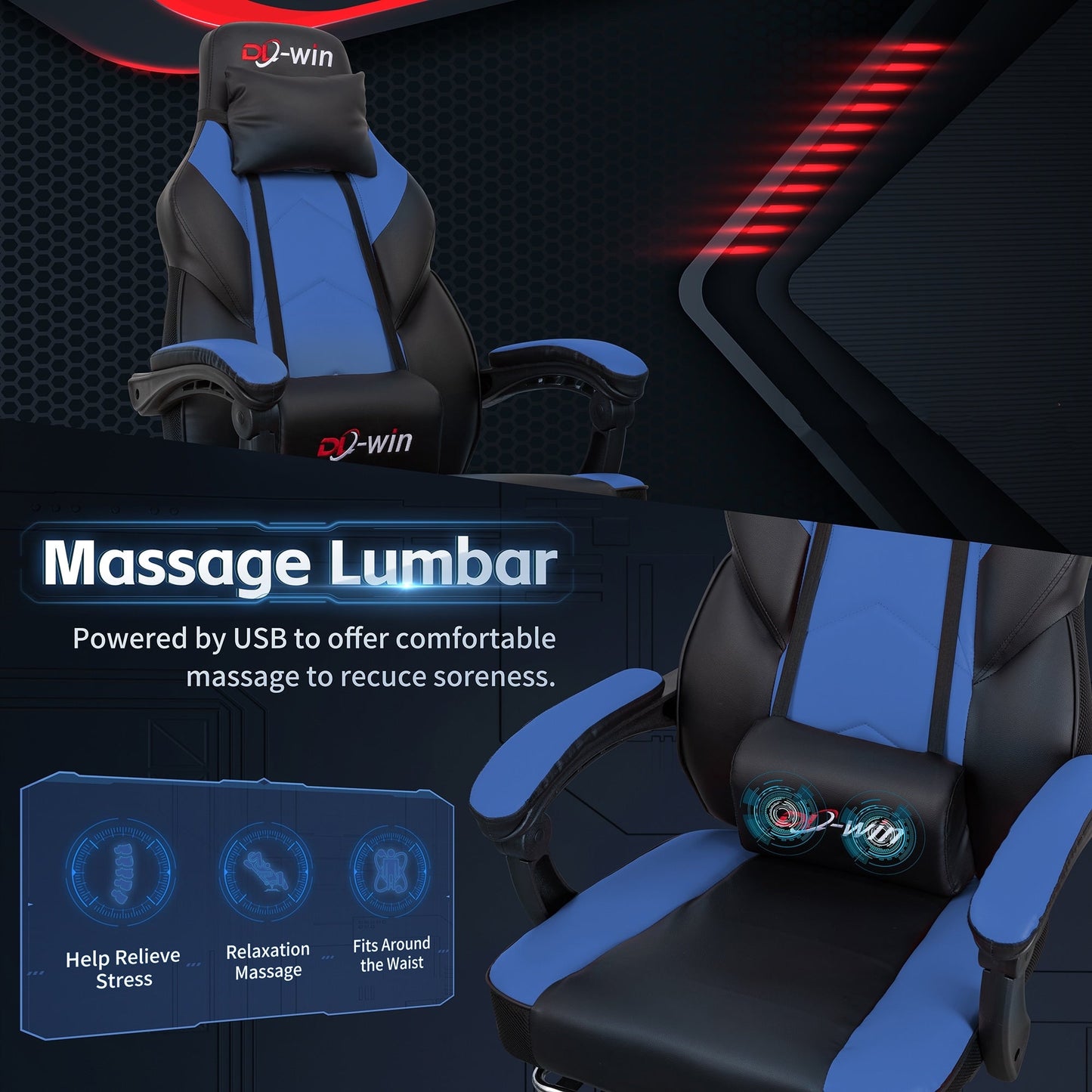 Futzca Gaming Chair PU Leather Office Chair with Headrest, Footrest & Massage Lumbar Support