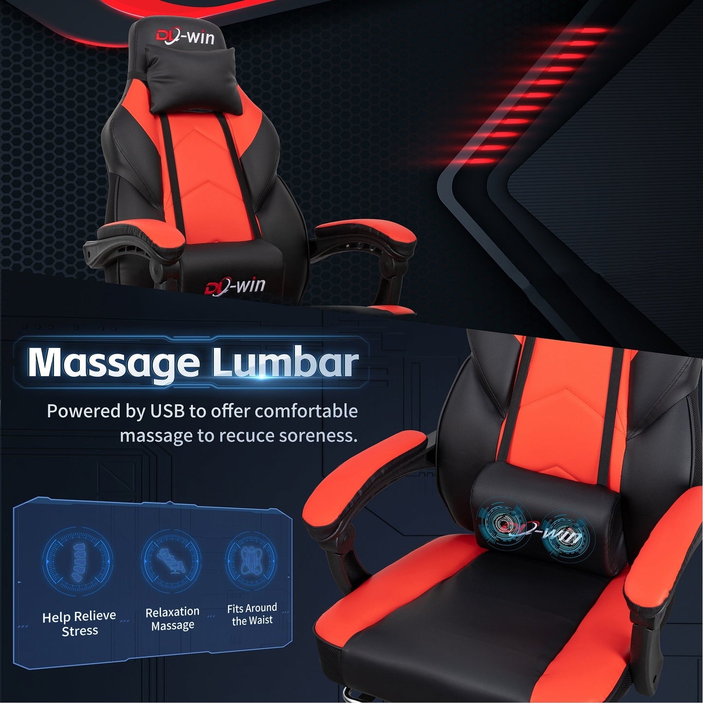 Futzca Gaming Chair PU Leather Office Chair with Headrest, Footrest & Massage Lumbar Support