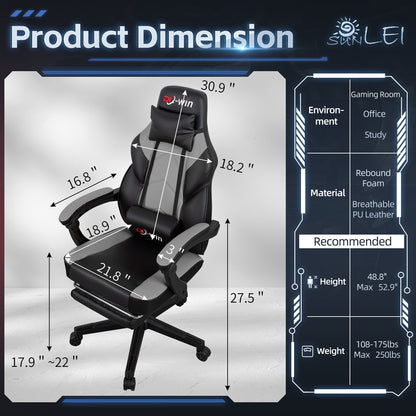 Futzca Gaming Chair PU Leather Office Chair with Headrest, Footrest & Massage Lumbar Support