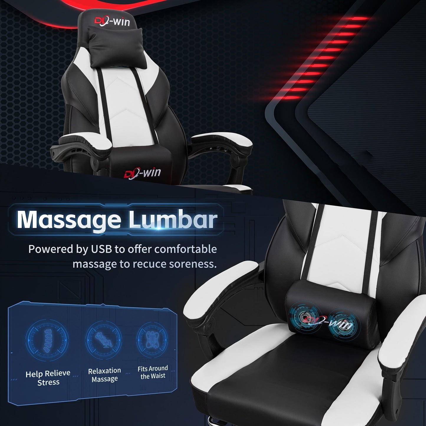 Futzca Gaming Chair PU Leather Office Chair with Headrest, Footrest & Massage Lumbar Support
