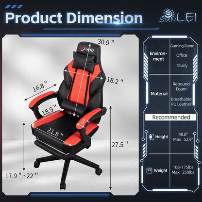 Futzca Gaming Chair PU Leather Office Chair with Headrest, Footrest & Massage Lumbar Support