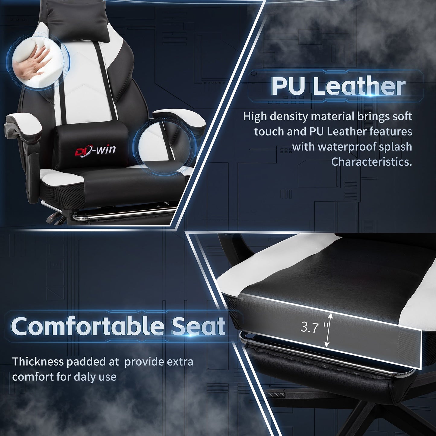 Futzca Gaming Chair PU Leather Office Chair with Headrest, Footrest & Massage Lumbar Support