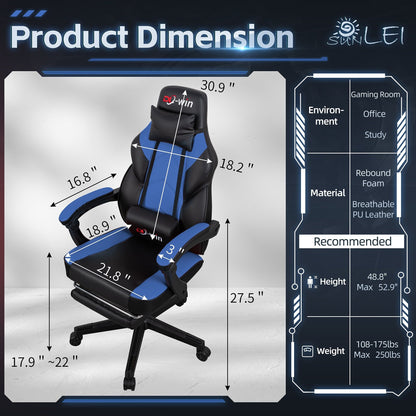 Futzca Gaming Chair PU Leather Office Chair with Headrest, Footrest & Massage Lumbar Support