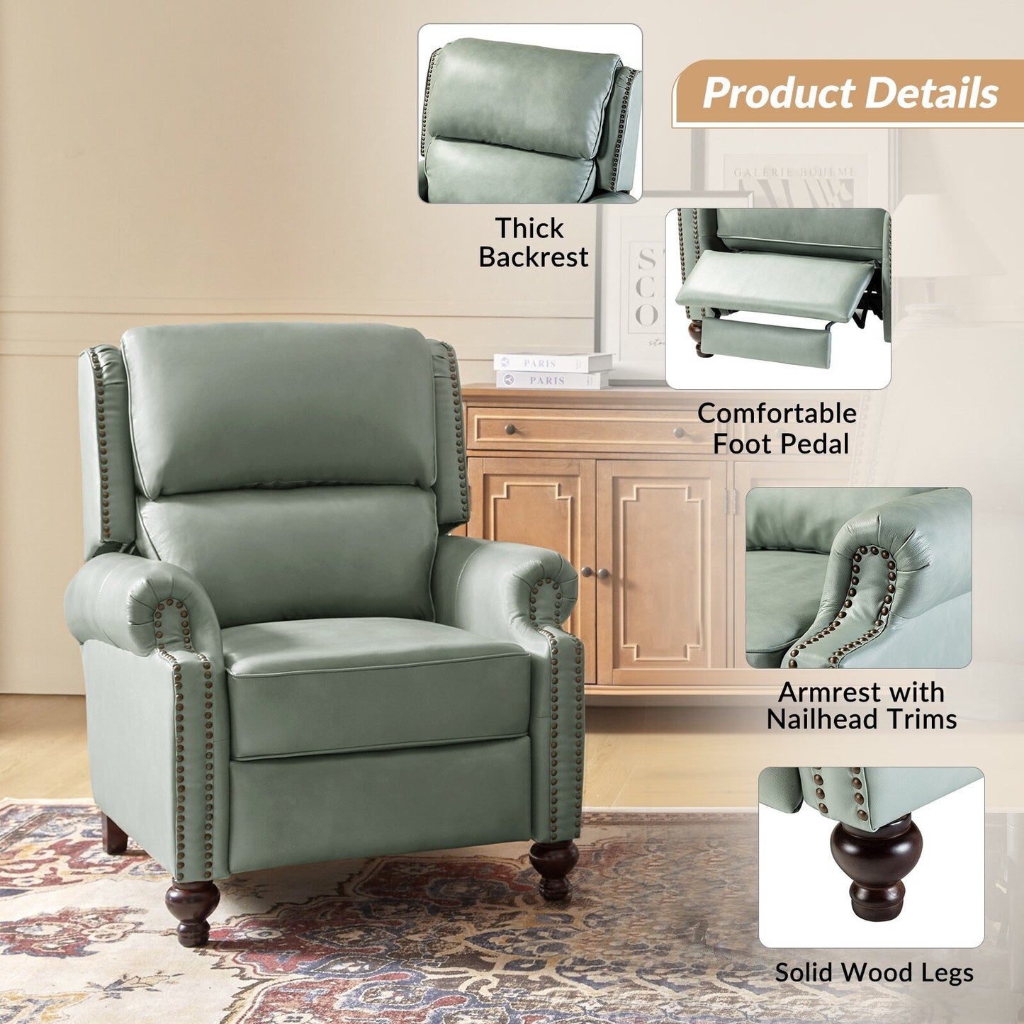 Gabriela Mid-Century Modern Genuine Leather Recliner Nail Head Trim Set of 2 by HULALA HOME