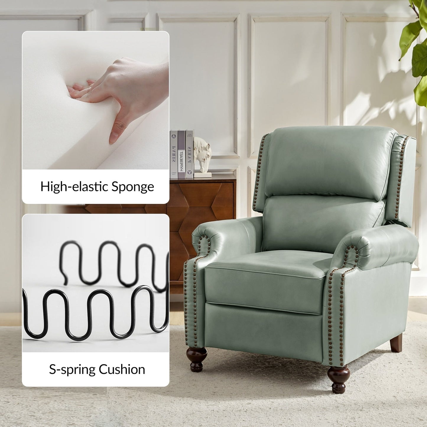 Gabriela Mid-Century Modern Genuine Leather Recliner Nail Head Trim Set of 2 by HULALA HOME