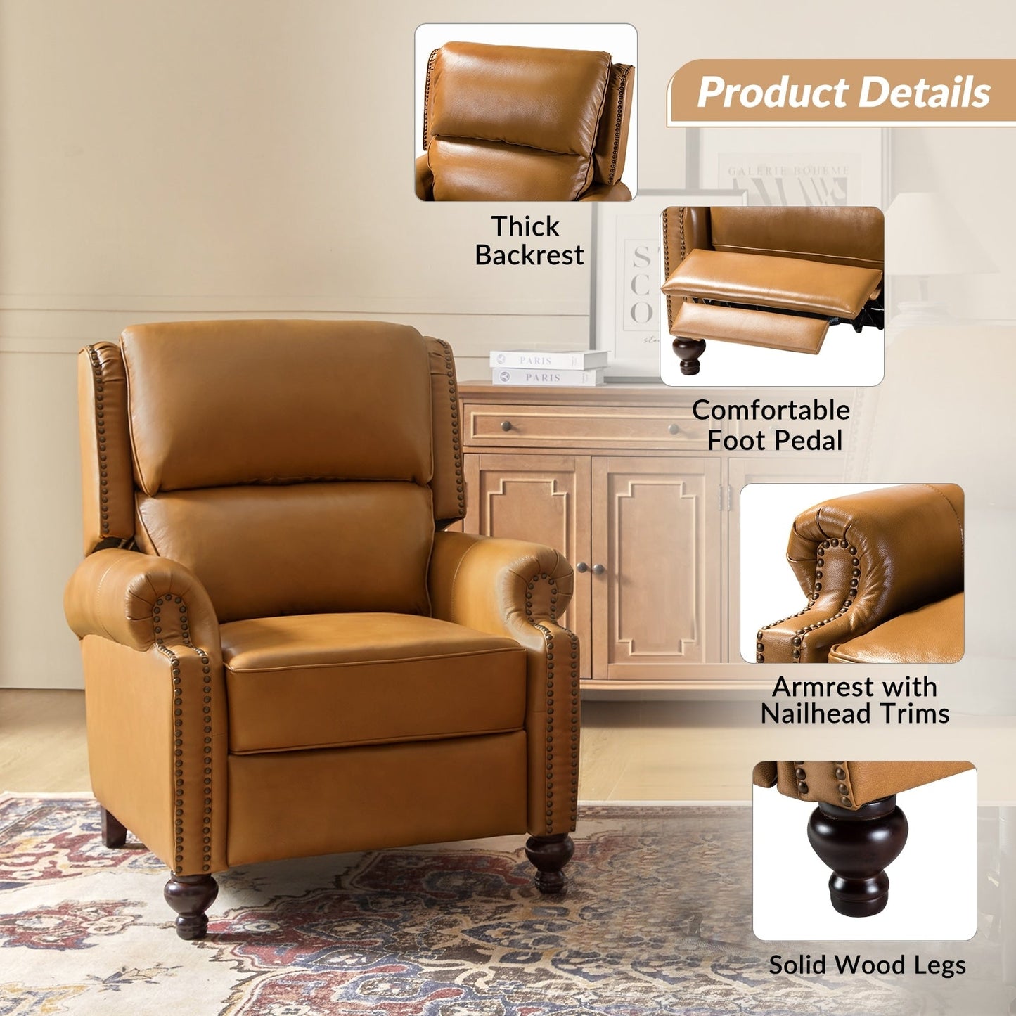 Gabriela Mid-Century Modern Genuine Leather Recliner Nail Head Trim Set of 2 by HULALA HOME