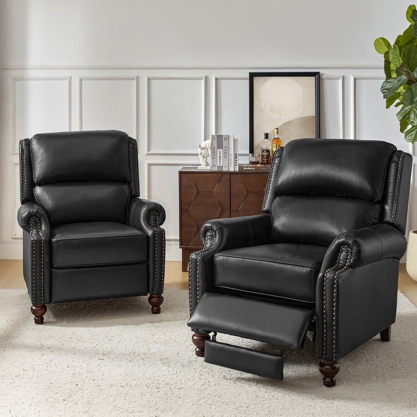 Gabriela Mid-Century Modern Genuine Leather Recliner Nail Head Trim Set of 2 by HULALA HOME