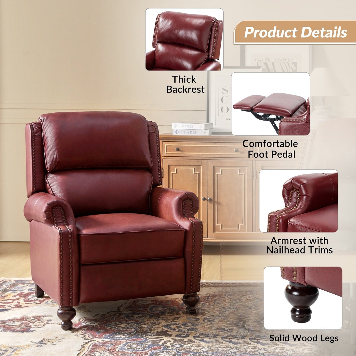 Gabriela Mid-Century Modern Genuine Leather Recliner Nail Head Trim Set of 2 by HULALA HOME