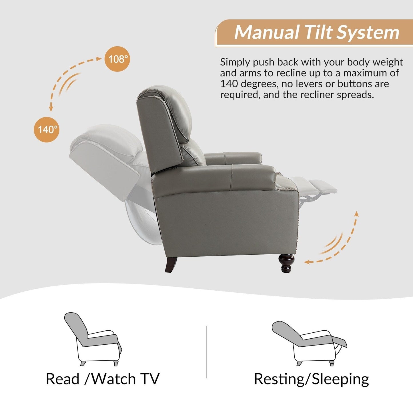 Gabriela Mid-Century Modern Genuine Leather Recliner Nail Head Trim Set of 2 by HULALA HOME
