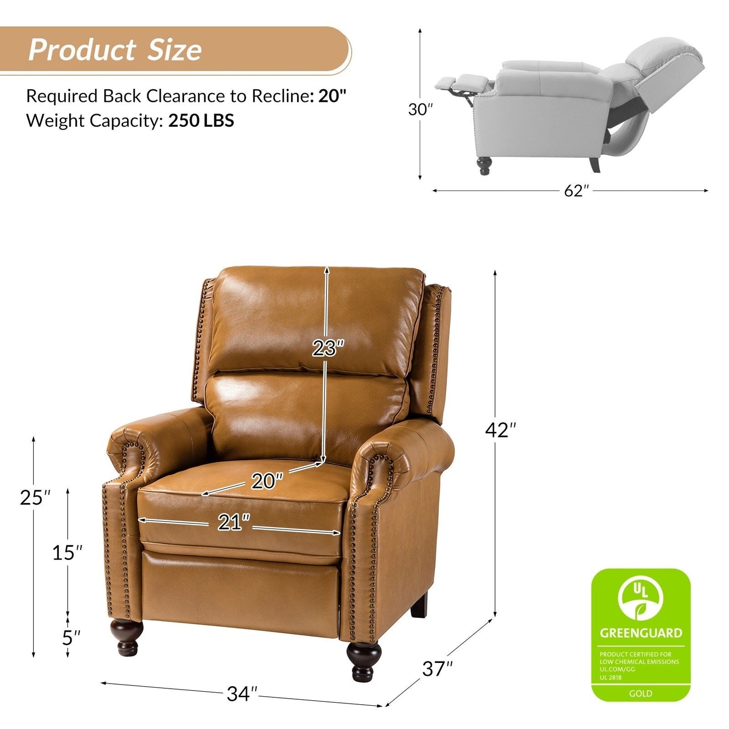Gabriela Mid-Century Modern Genuine Leather Recliner Nail Head Trim Set of 2 by HULALA HOME