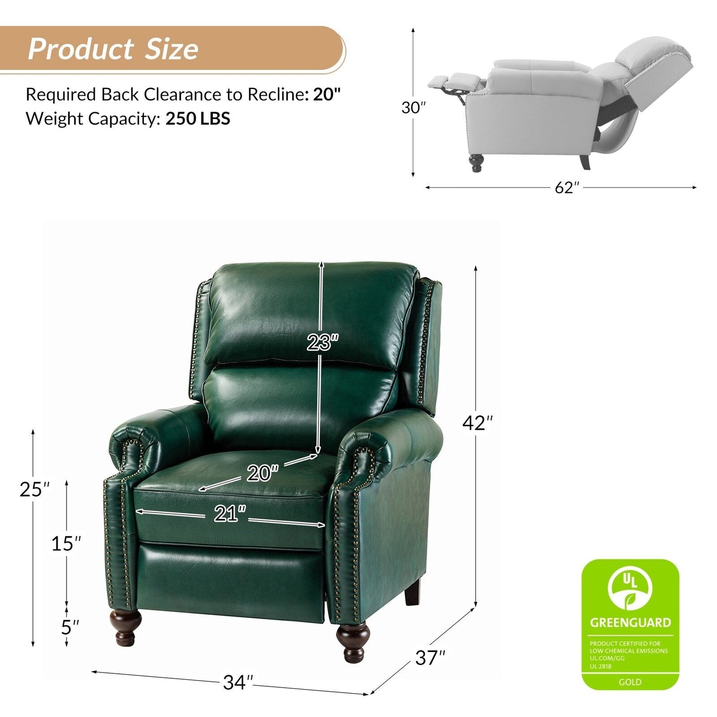 Gabriela Mid-Century Modern Genuine Leather Recliner Nail Head Trim Set of 2 by HULALA HOME