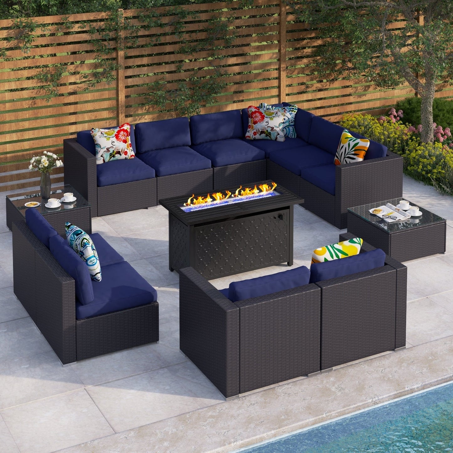 Gariau Rattan/Wicker 13-Piece Outdoor Patio Conversation Sectional Set with 2 Kinds of Gas Fire Pit Tables by Havenside Home