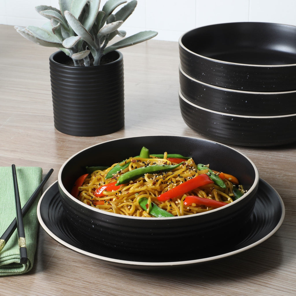 Gibson Home Dinah 16 Piece Double Bowl Stoneware Embossed Speckled Dinnerware Set